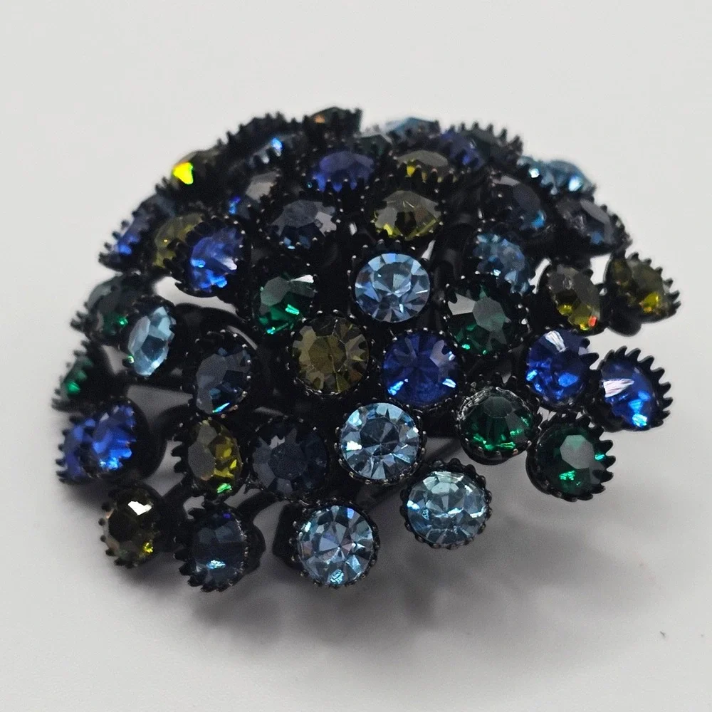 Vtg Rhinestone Brooch Dome Cluster Japanned Peacock Blue Green Statement 2